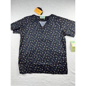 TL Uniforms Women's V Neck Scrub Top Size Large Black With Neon Swirls Design